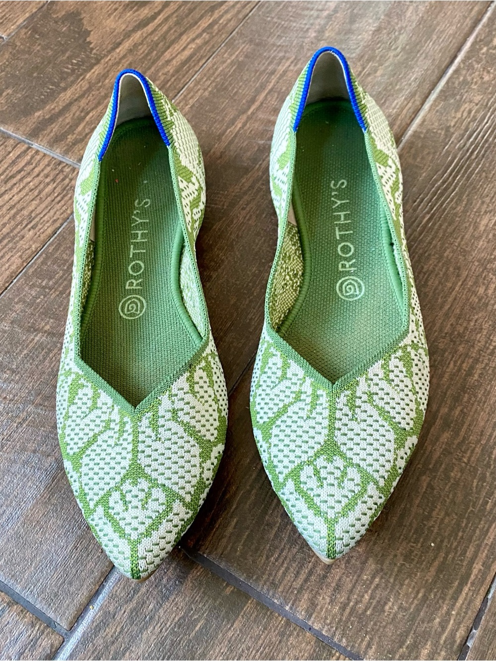 Rothy's Green Patterned Pointed-Toe Knit Flats with Blue Trim